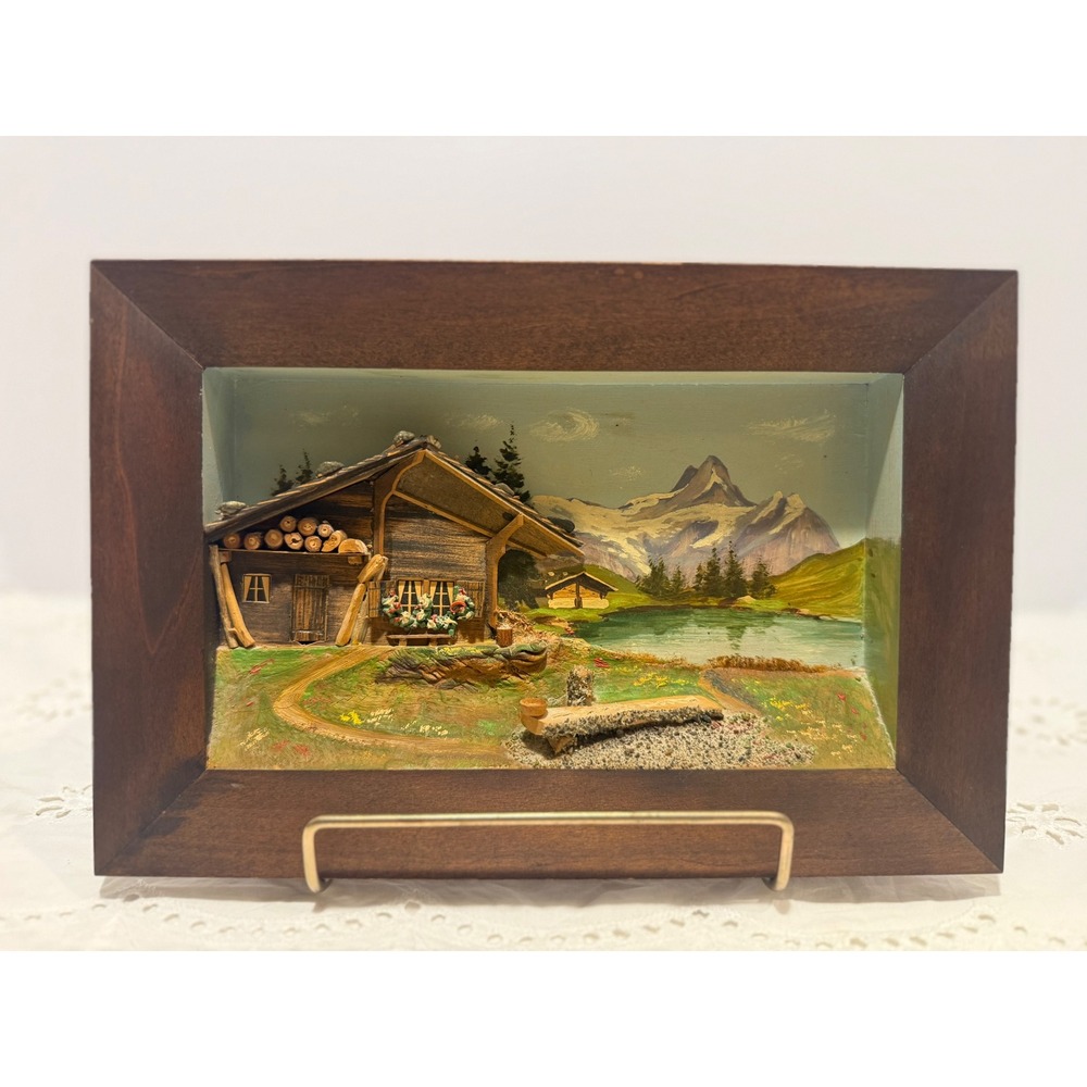 Vintage 3D Alpine Mountain Chalet Shadow Box Diorama Wood Framed Wall Art